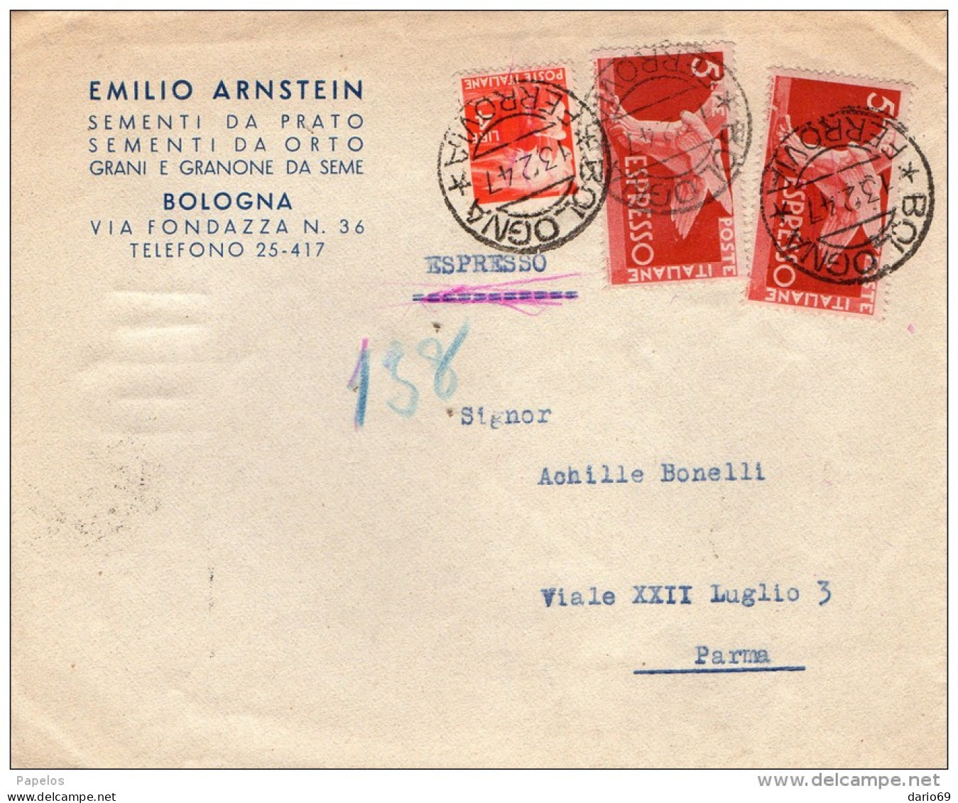 1947  LETTERA ESPRESSO CON ANNLLO BOLOGNA - Express/pneumatic Mail