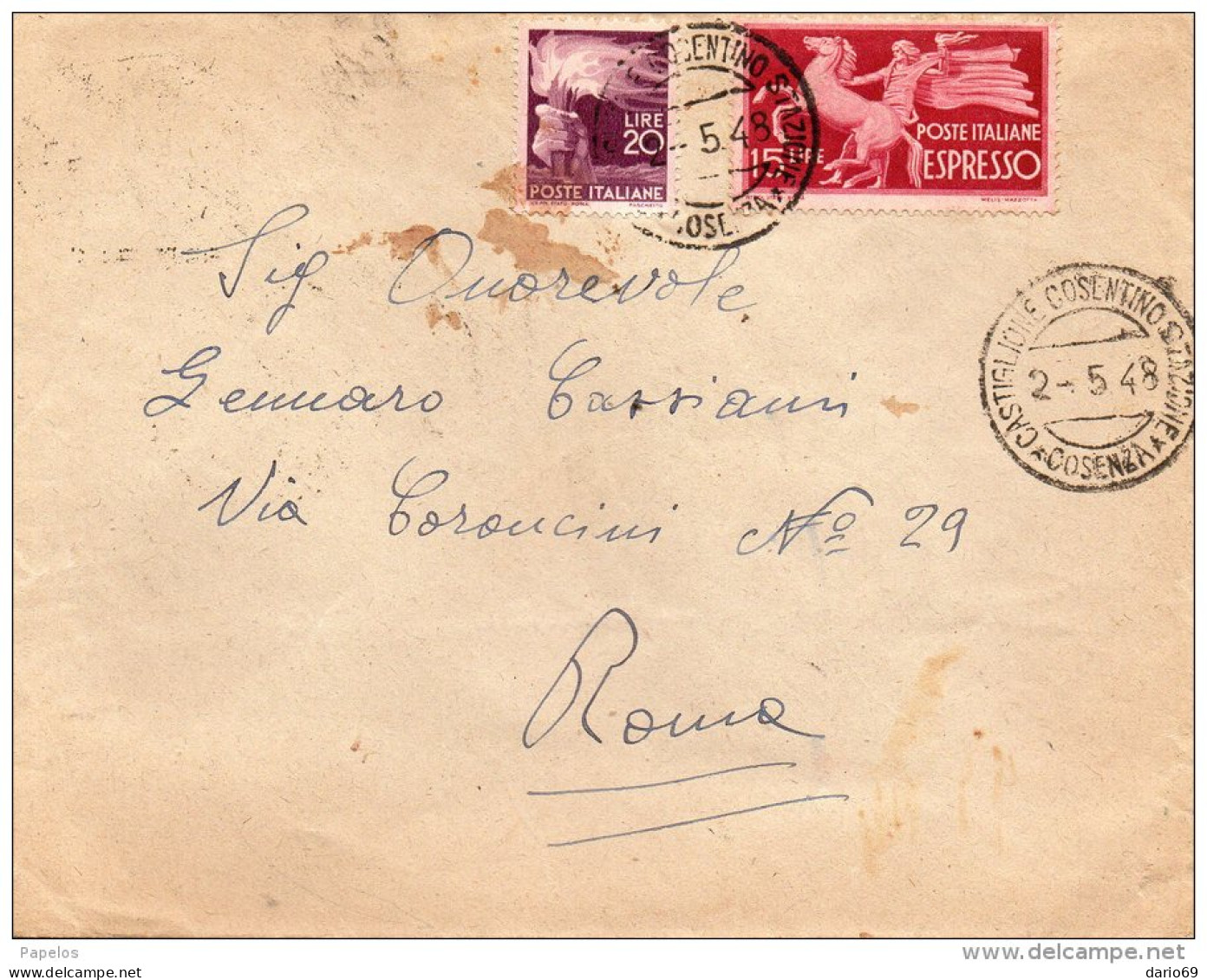 1948  LETTERA  ESPRESSO CON ANNLLO  CASTIGLIONE COSENTINO COSENZA - Express/pneumatic Mail