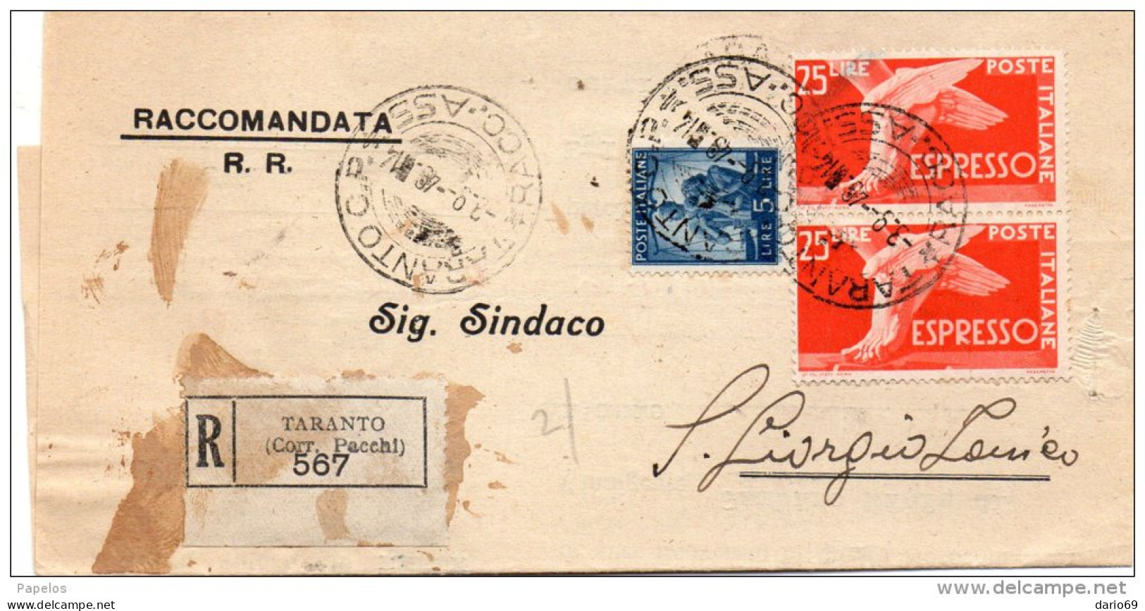 1948  LETTERA  ESPRESSO CON ANNLLO  TARANTO - Express-post/pneumatisch