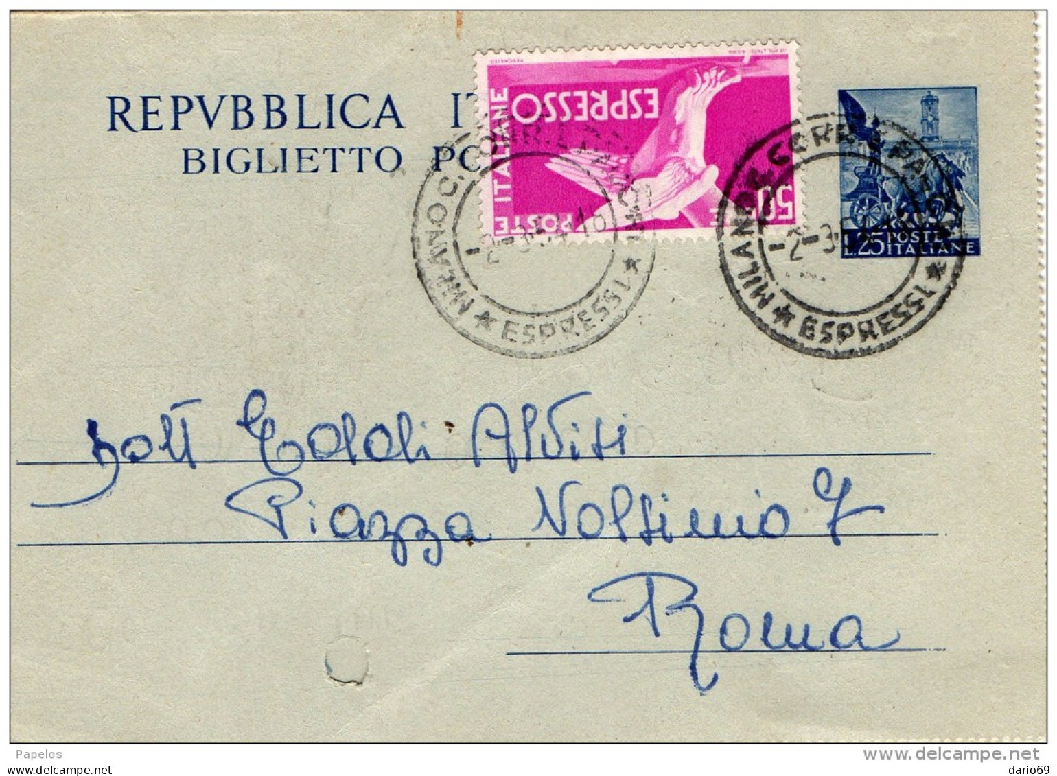 1954  CARTOLINA   ESPRESSO CON ANNLLO  MILANO - Express/pneumatic Mail