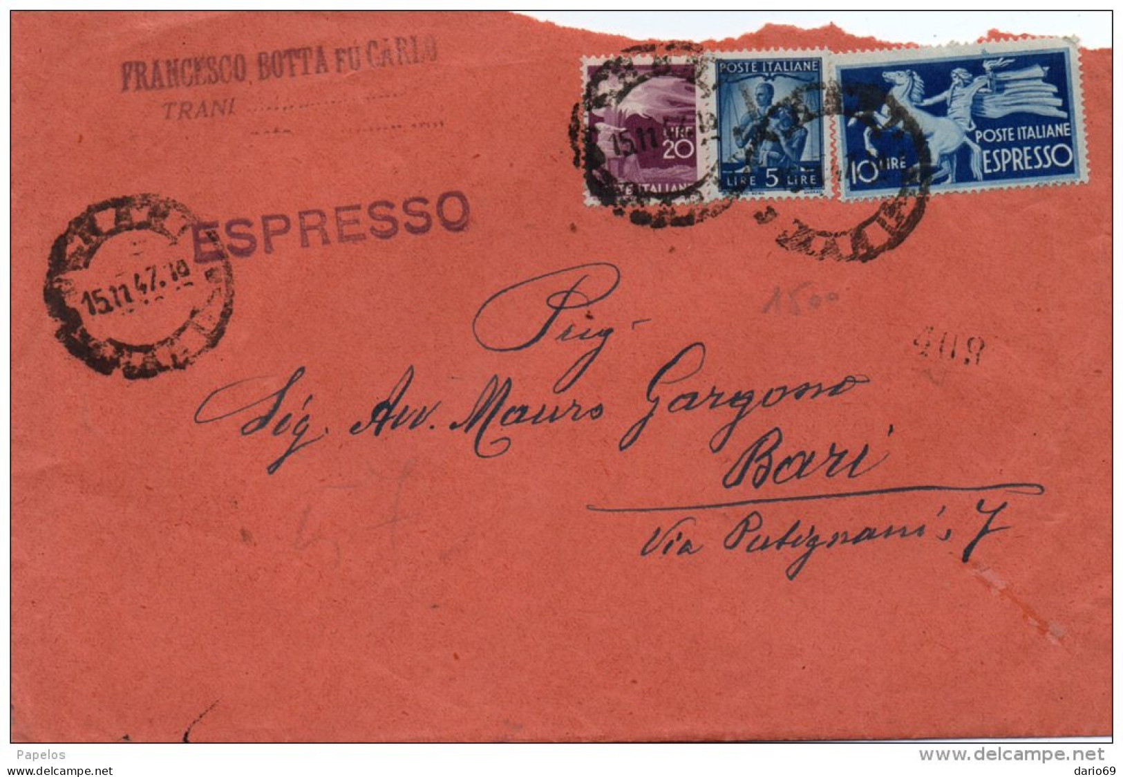 1947 LETTERA  ESPRESSO CON ANNLLO  TRANI - Eilpost/Rohrpost