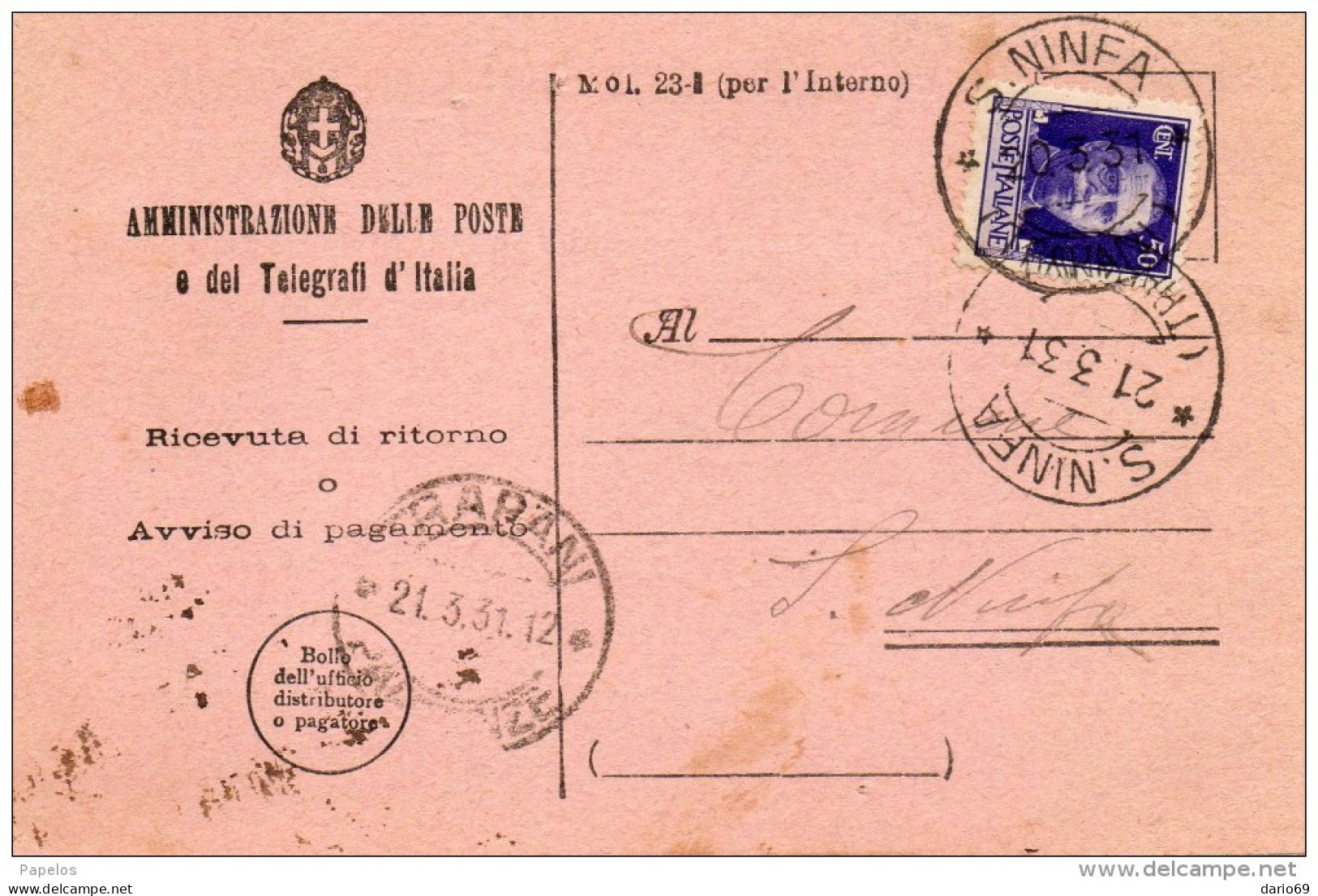 1931  RICEVUTA DI RITORNO CON ANNULLO  SANTA NINFA TRAPANI - Marcophilie