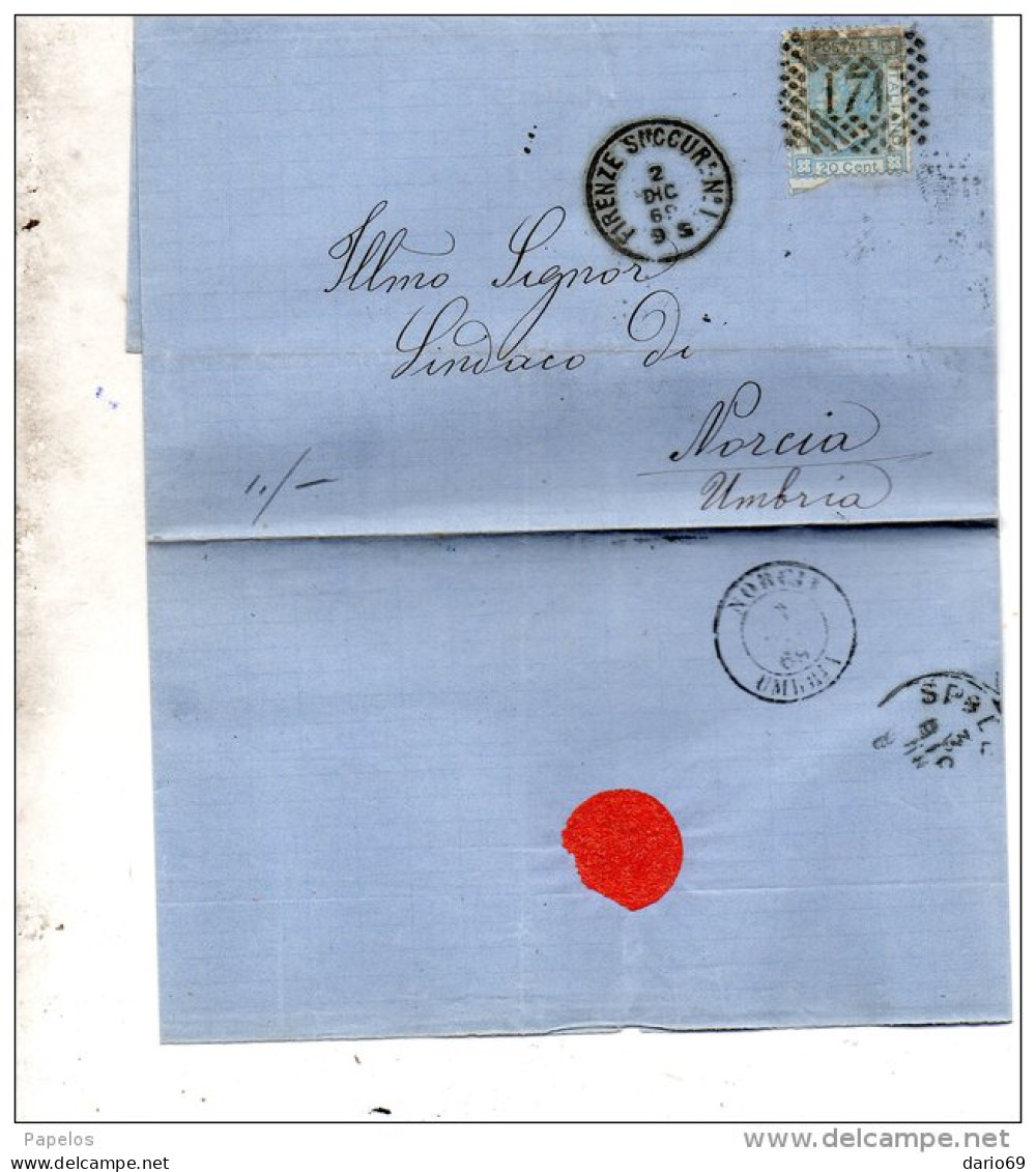 1869 LETTERA CON ANNULLO FIRENZE  + NORCIA UMBRIA - Storia Postale