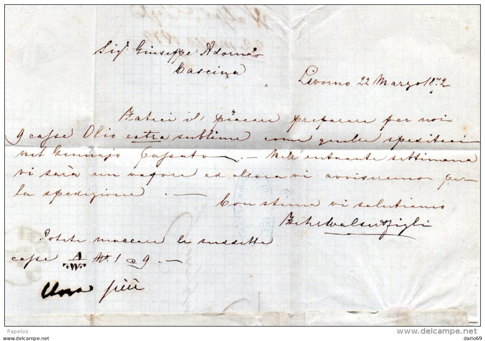 1872  LETTERA CON ANNULLO  LIVORNO + CASCINA - Marcophilia