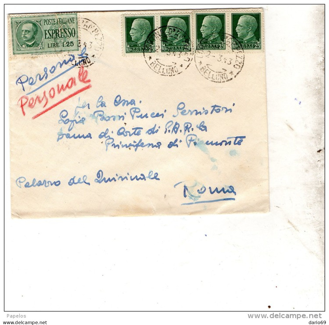 1943  LETTERA ESPRESSO CON ANNULLO CORTINA  D'AMPEZZO  BELLUNO - Express Mail