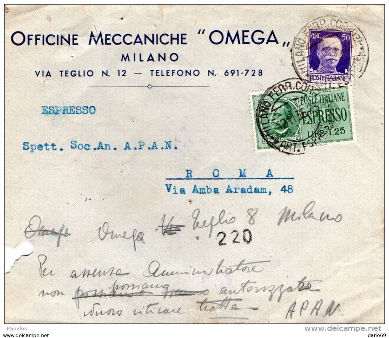 1936  LETTERA ESPRESSO CON ANNULLO MILANO - Correo Urgente