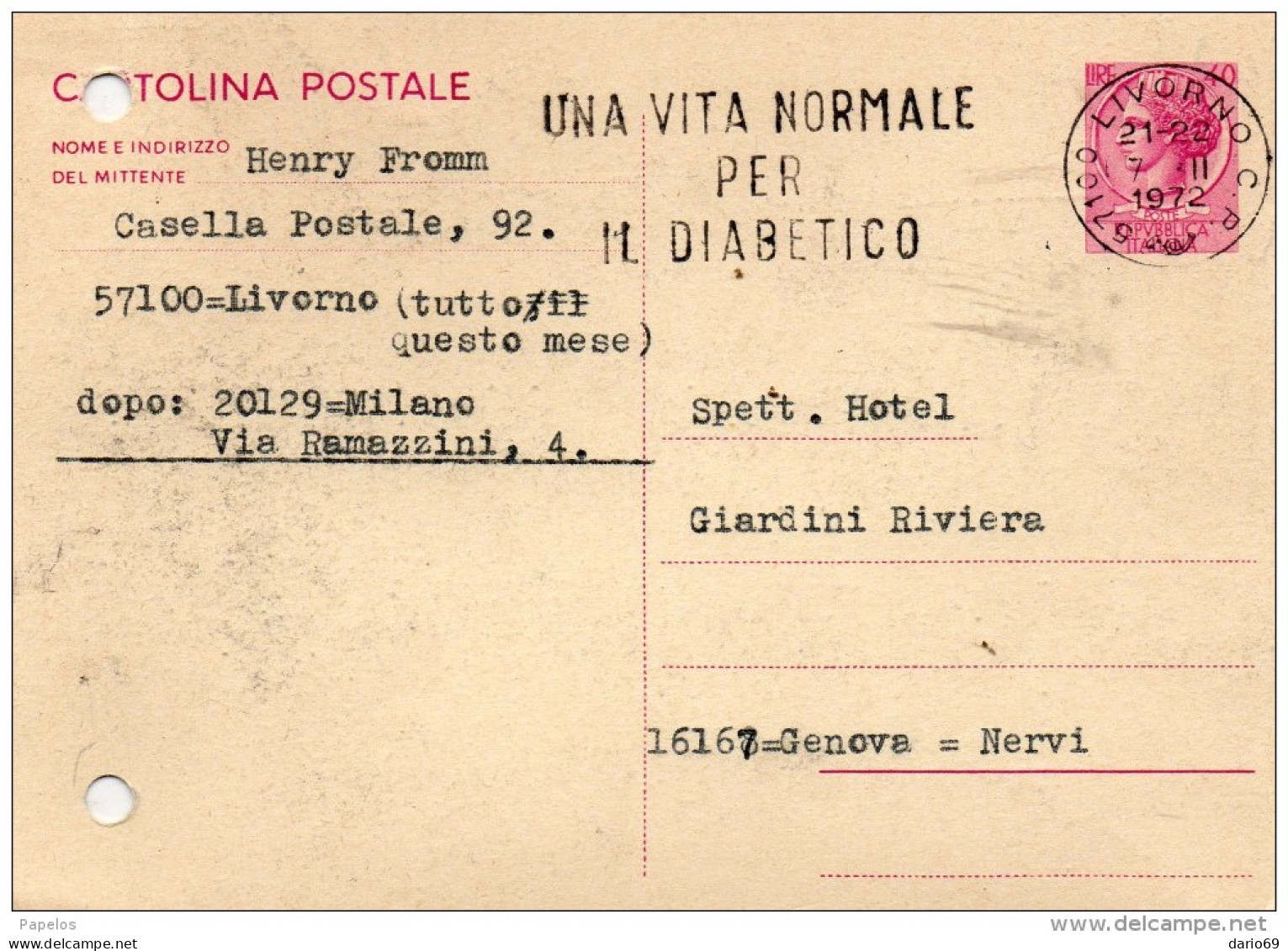 1972 CARTOLINA CON ANNULLO LIVORNO  + TARGHETTA UNA VITA NORMALE X IL DIABETICO - Entiers Postaux