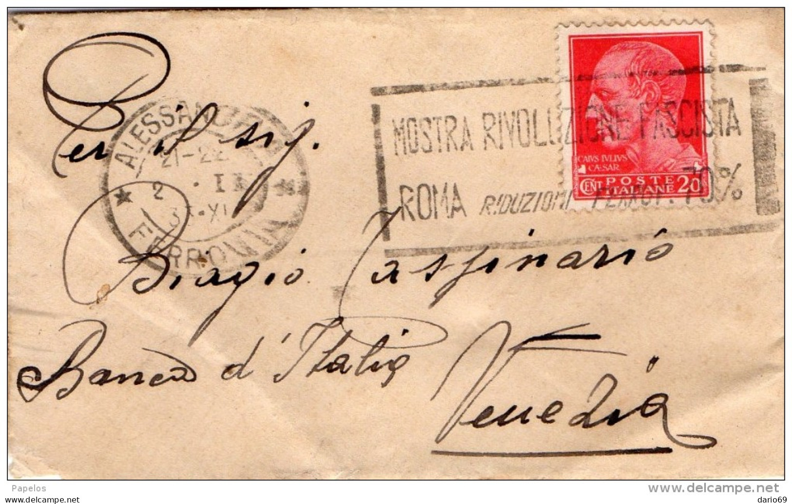 1935 LETTERA  CON ANNULLO ALESSANDRA    + TARGHETTA MOSTRA RIVOLUZIONE  FASCISTA - Storia Postale