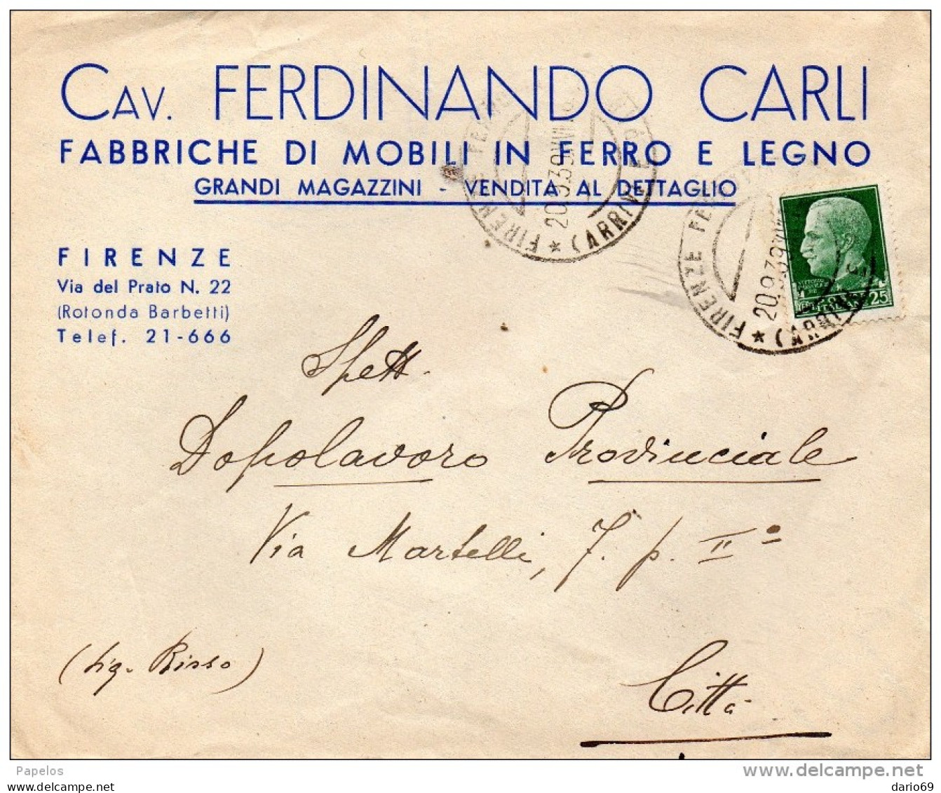 1939 LETTERA INTESTATA CON ANNULLO FIRENZE - Marcophilia