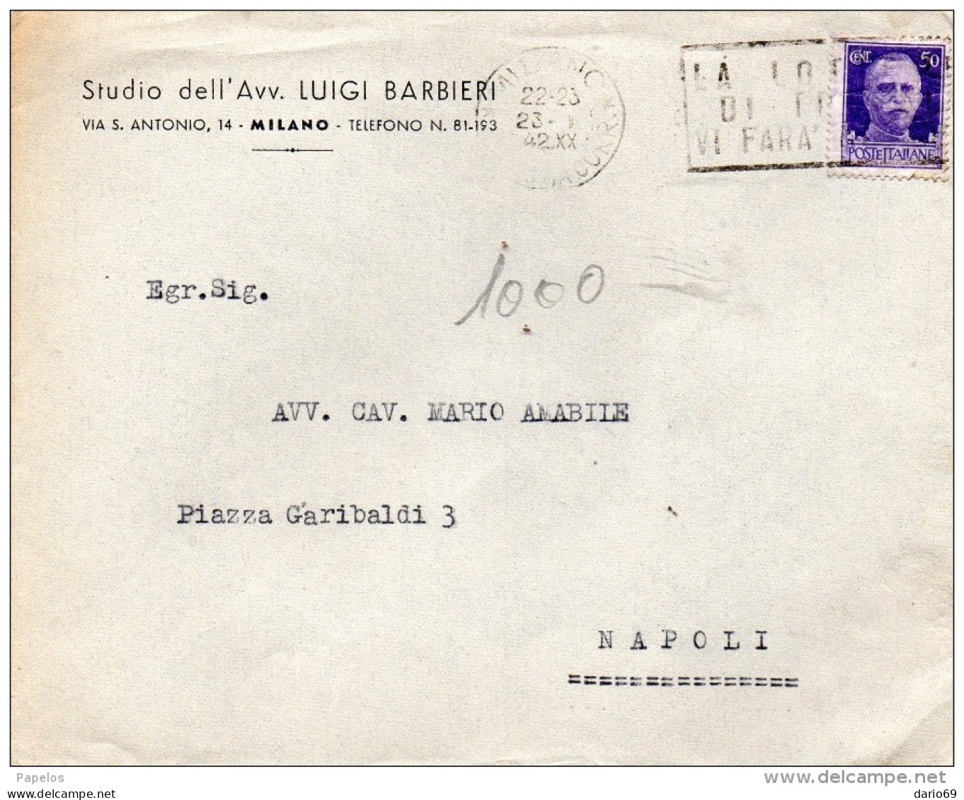 1942 LETTERA CON ANNULLO MILANO + TARGHETTA - Marcophilie