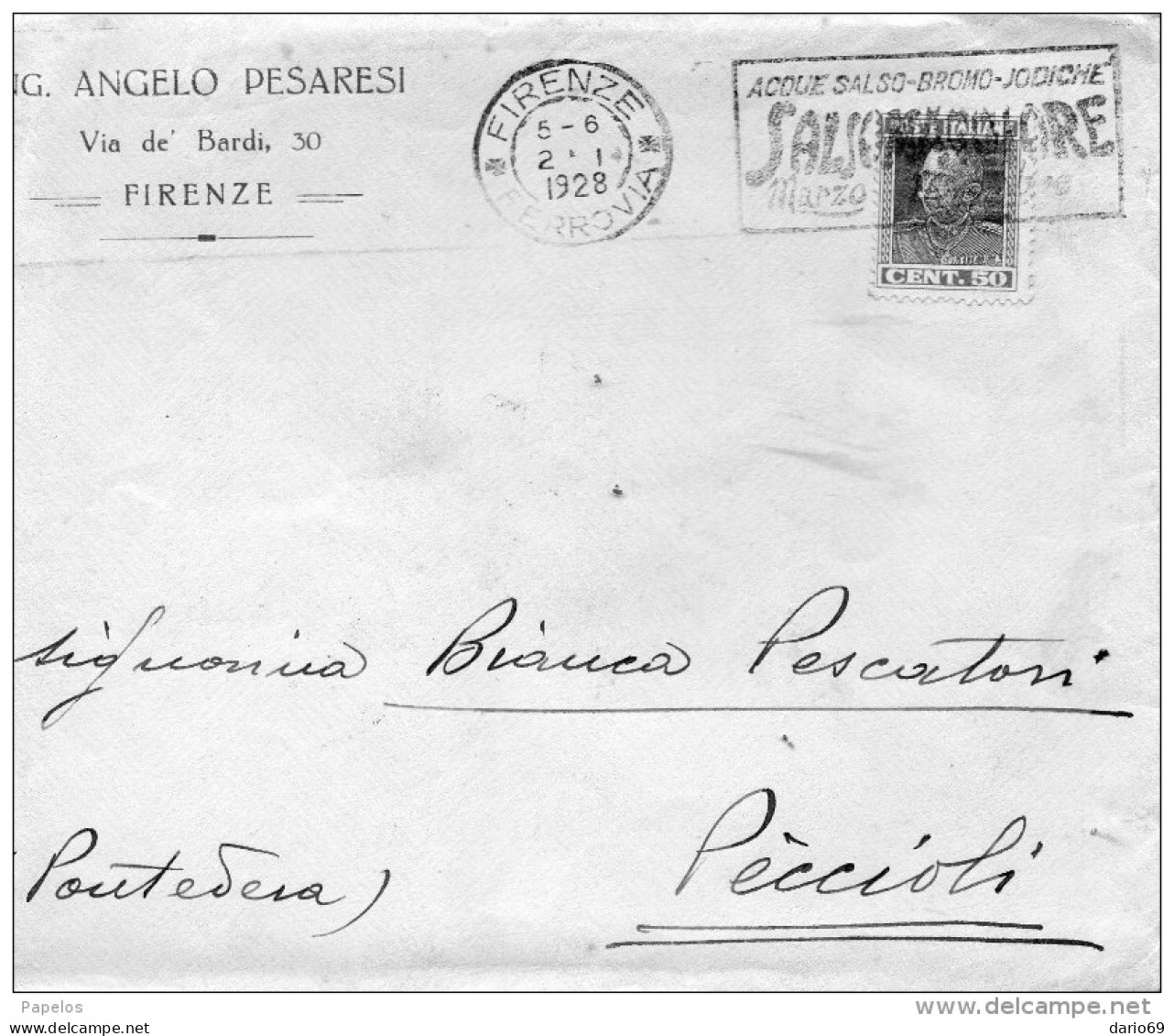 1928  LETTERA CON ANNULLO  FIRENZE + TARGHETTA SALSOMAGGIORE - Marcofilía