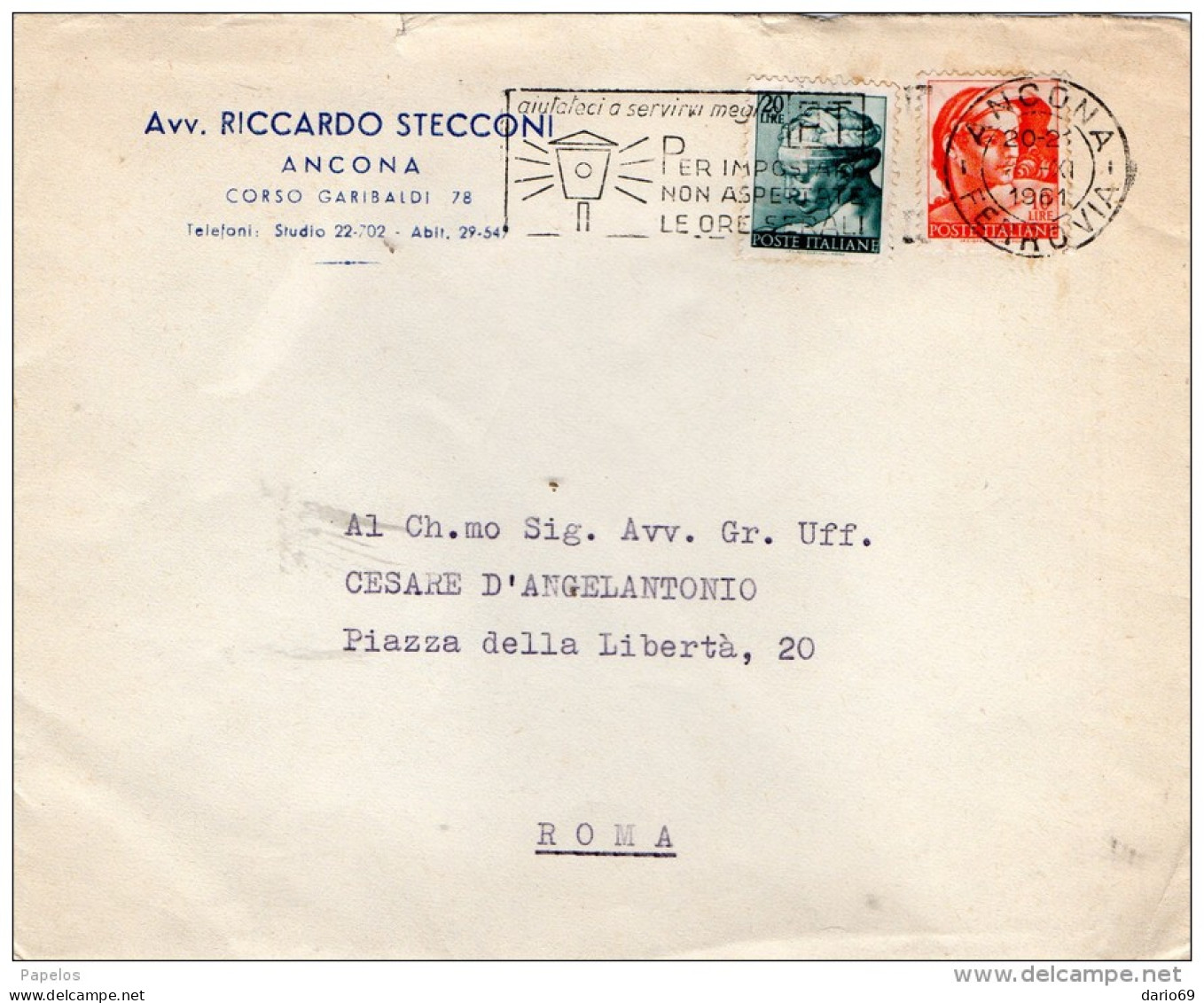 1961  LETTERA  CON ANNULLO  ANCONA    + TARGHETTA - 1961-70: Marcophilie