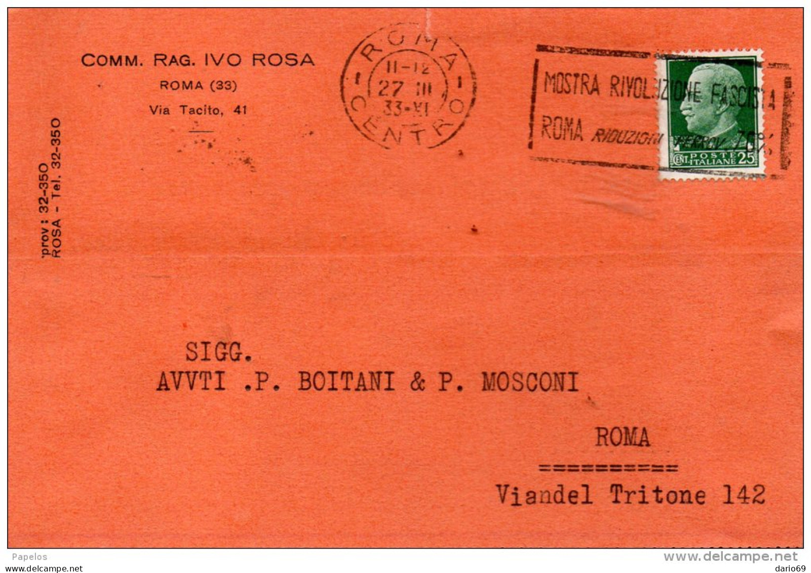 1933 CARTOLINA  CON ANNULLO ROMA  + TARGHETTA MOSTRA RIVOLUZIONE FASCISTA - Poststempel