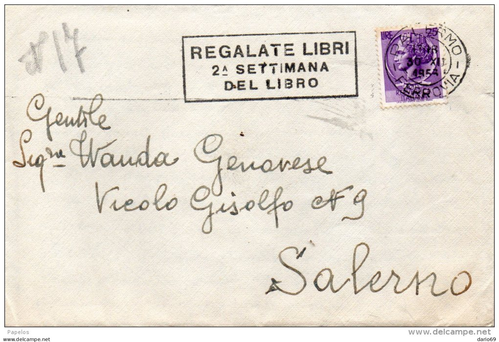 1953  LETTERA  CON ANNULLO   PALERMO    + TARGHETTA  REGALATE LIBRI - 1946-60: Marcophilia