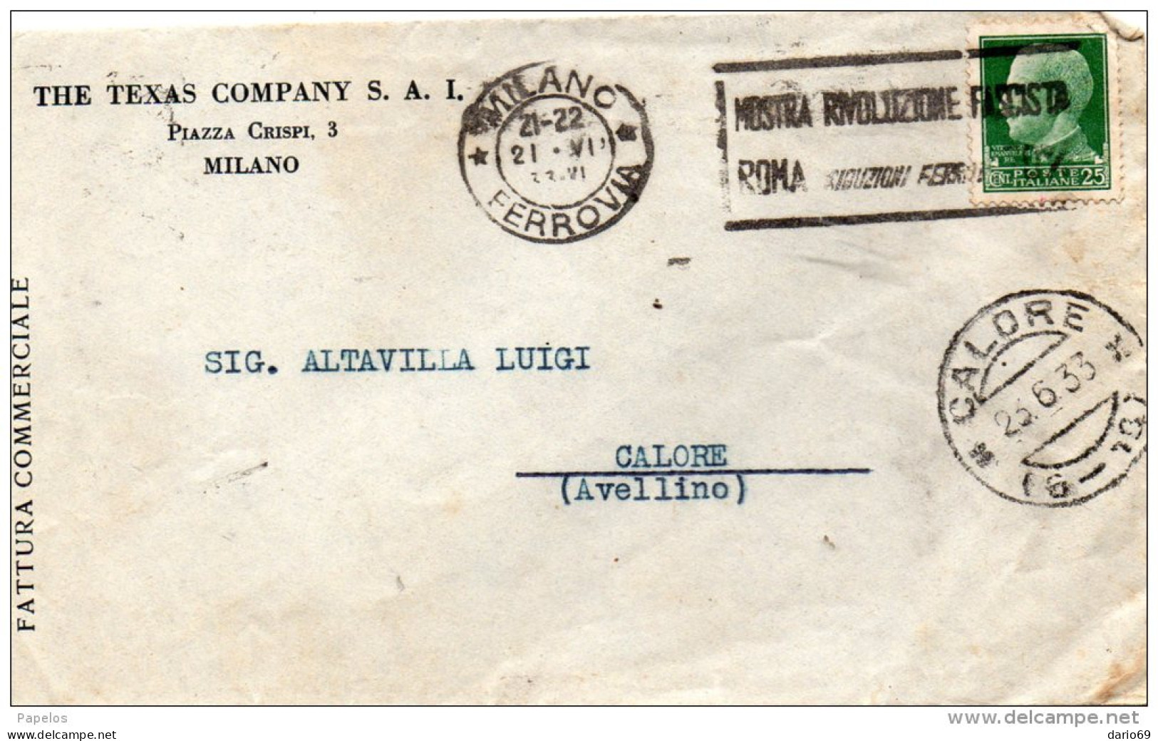 1933 LETTERA CON ANNULLO MILANO + TARGHETTA CALORE BENEVENTO  + - Storia Postale