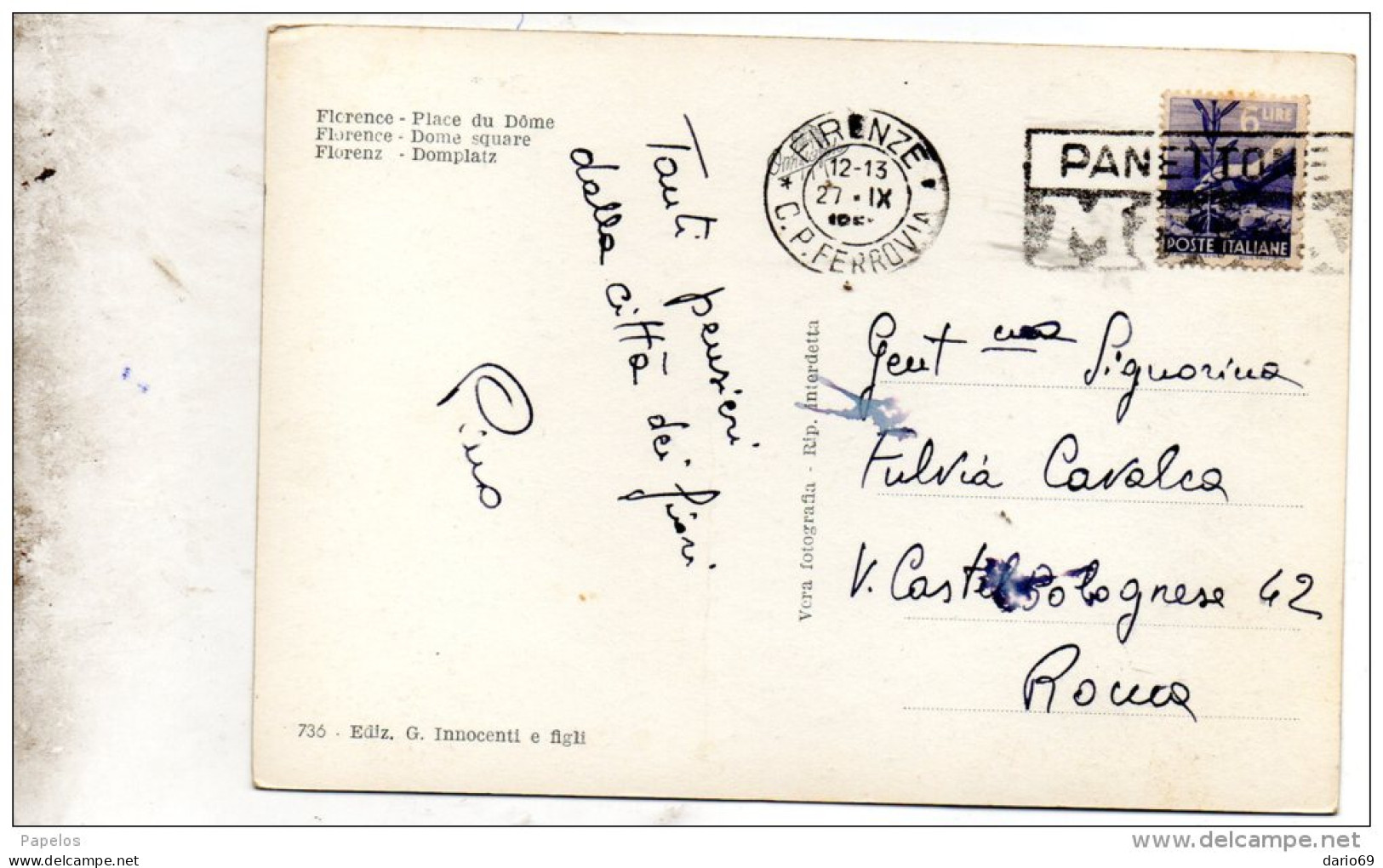 1952 CARTOLINA CON ANNULLO   FIRENZE + TARGHETTA  PANETTONE MOTTA - 1946-60: Poststempel