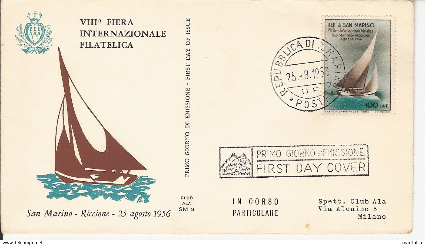 SAN SAINT MARIN MARINO BATEAU SCHIFF BOAT VOILE VOILIER SEGEL WASSER WATER EAU FDC FIERA RICCIONE 1956 - Voile