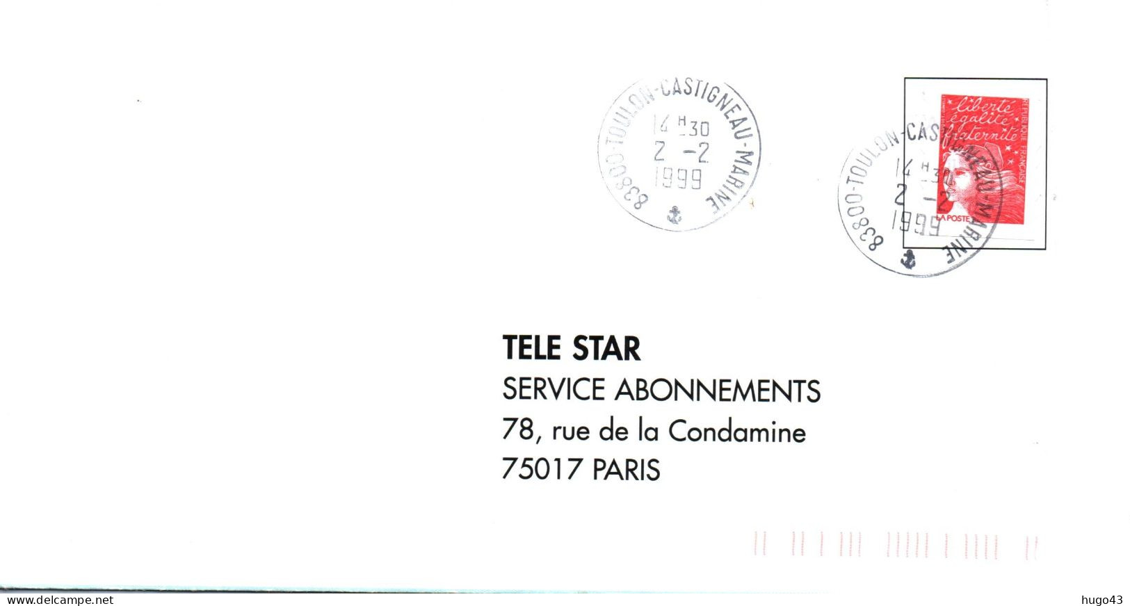 ENVELOPPE AVEC CACHET TOULON CASTIGNEAU MARINE EN 1999 - Correo Naval