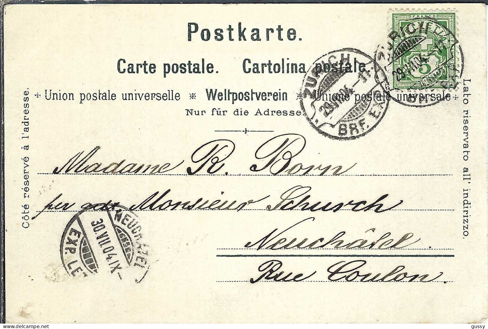 SUISSE Ca. 1904: CP Ill. De Zürich Pour Neuchâtel - Storia Postale