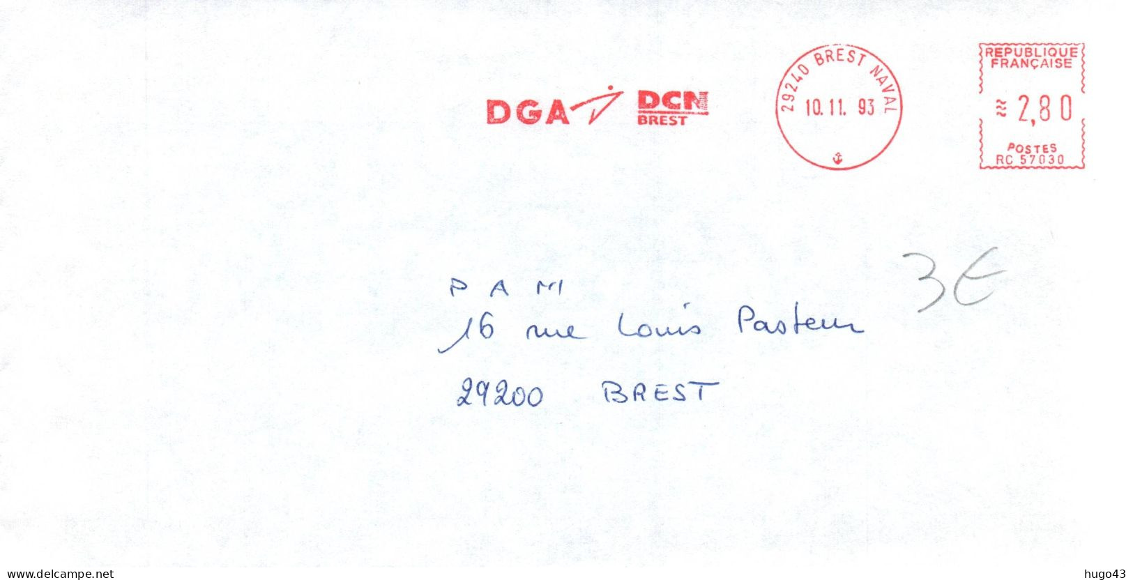 ENVELOPPE AVEC EMA DGA - DCN BREST NAVAL - LE 10/11/93 - Scheepspost