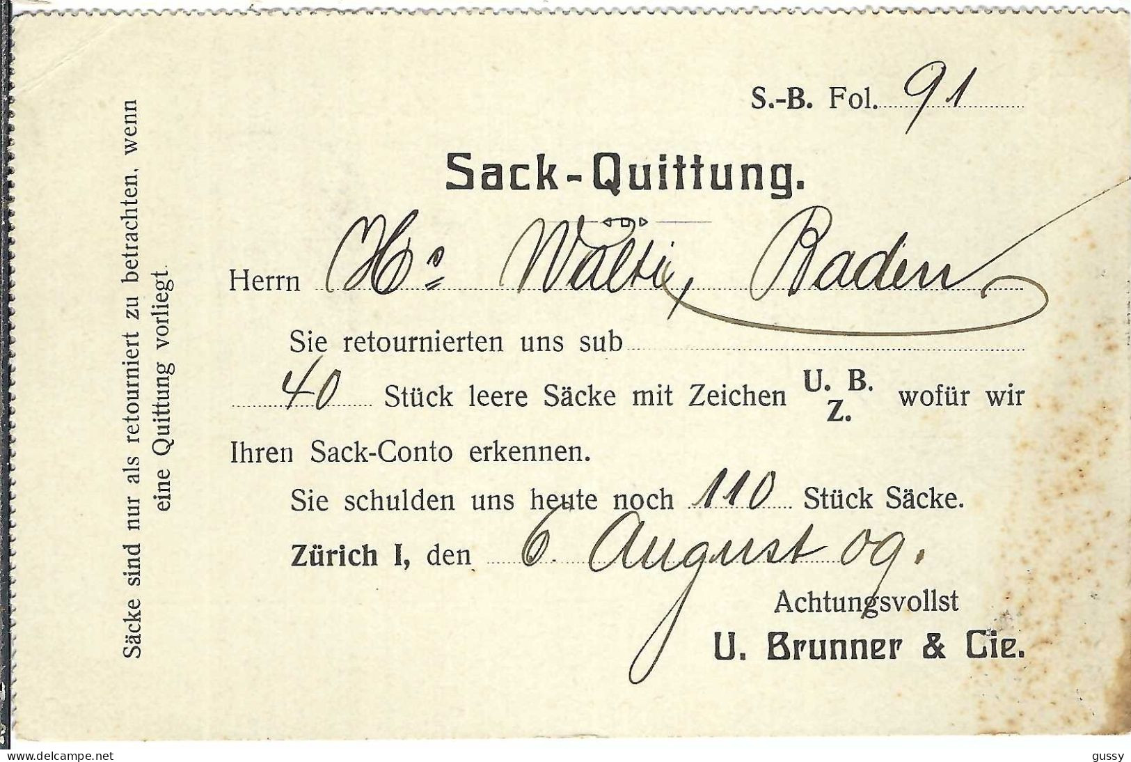SUISSE Ca. 1909: CP Ill. De Zürich Pour Ennetbaden - Lettres & Documents