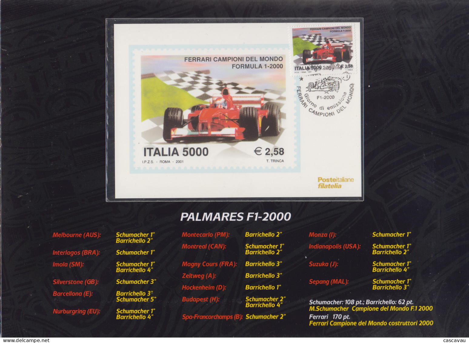 Encart   1er  Jour    ITALIE    Sport  Automobile  :  FERRARI   Champion  Du   Monde   De   FORMULE 1     2000 - Automobile