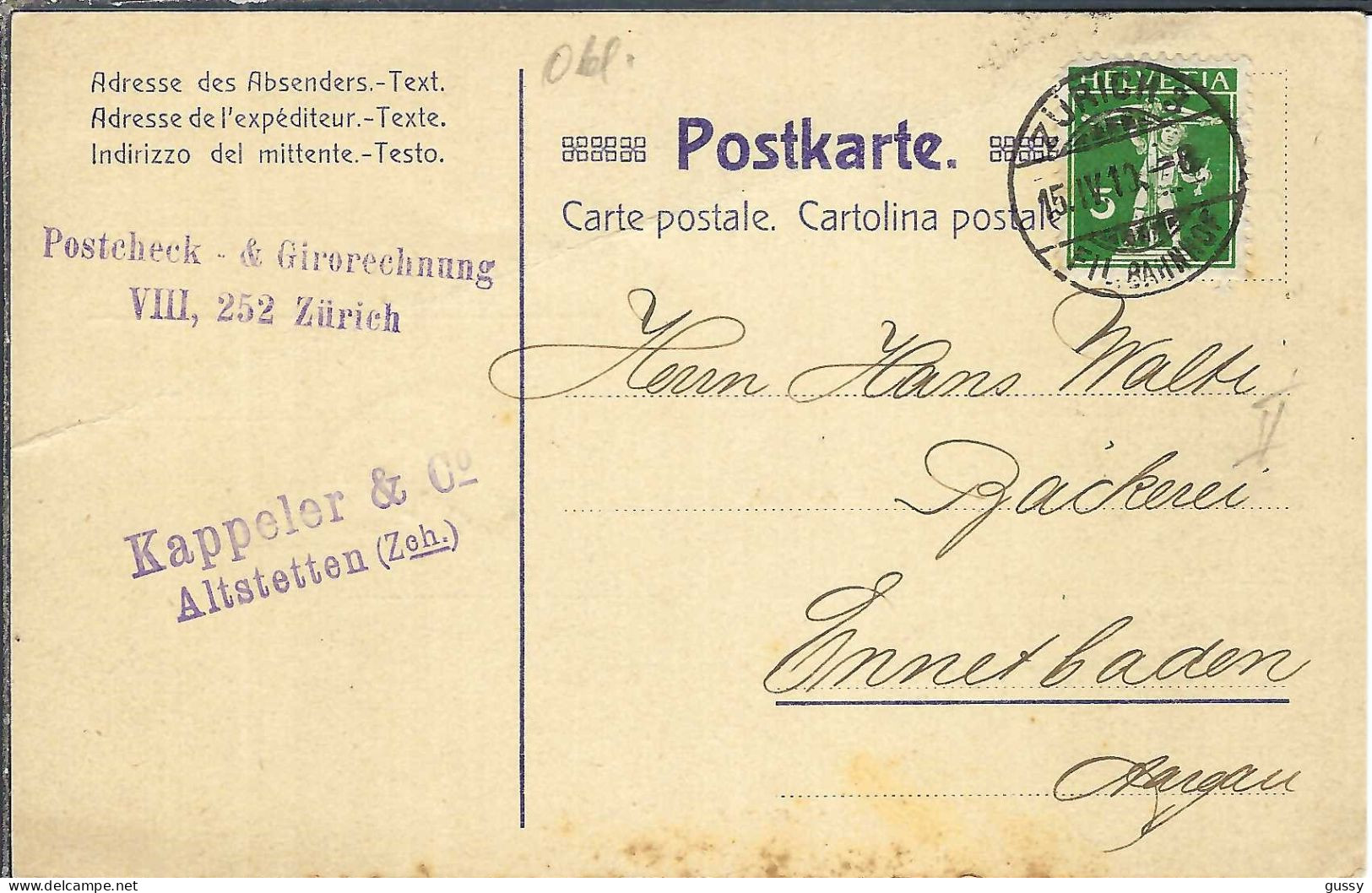 SUISSE Ca. 1910: CP Ill. De Zürich Pour Ennetbaden - Usati