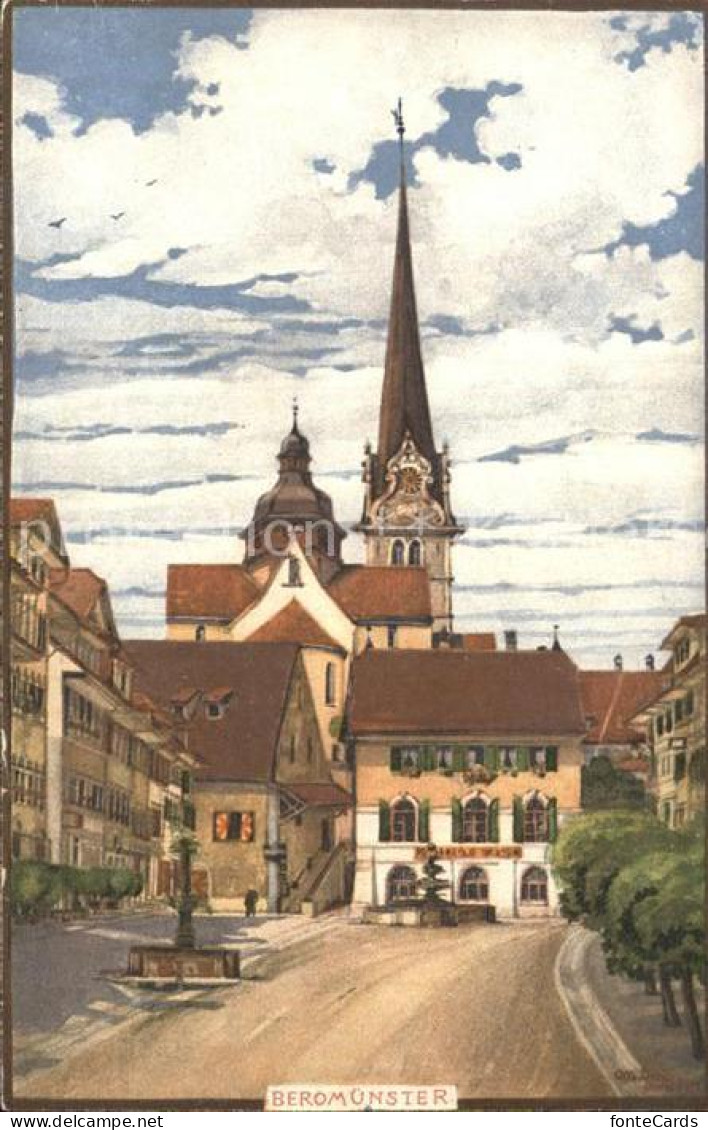 12358956 Beromuenster Markt Kirche Brunnen Aquarell Beromuenster - Autres & Non Classés