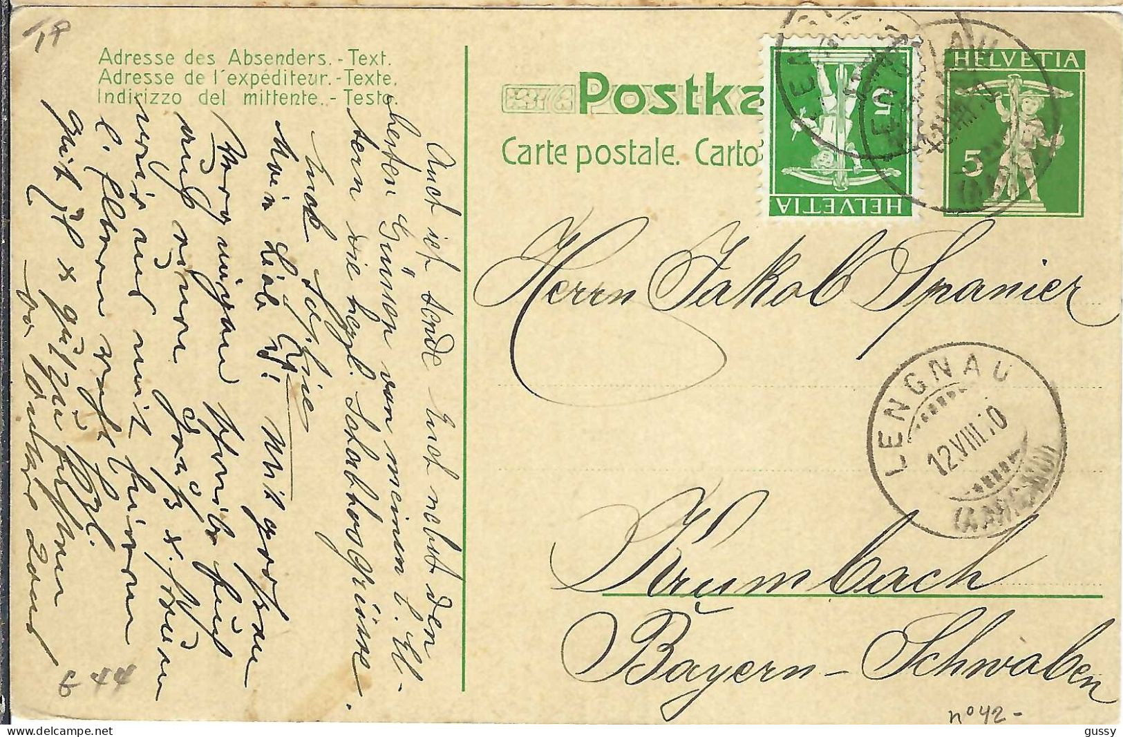 SUISSE Ca. 1910: CP Entier De 5c De Lengnau Pour Krumbach (Allemagne) - Stamped Stationery