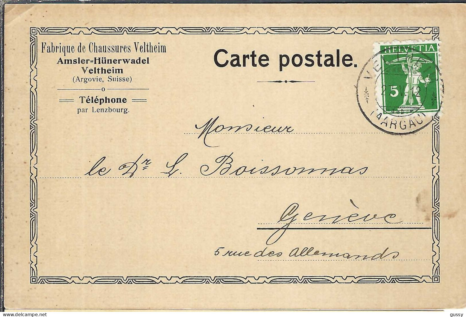 SUISSE Ca. 1912: CP Ill. De Veltheim Pour Genève - Brieven En Documenten