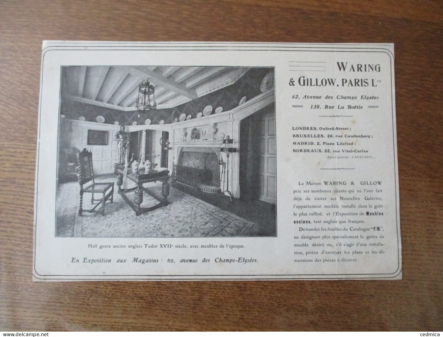 WARING &GILLOW,PARIS Ltd 62 AVENUE DES CHAMPS ELYSEES 130 RUE DE LA BOETIE PARIS DECOUPI - Advertising