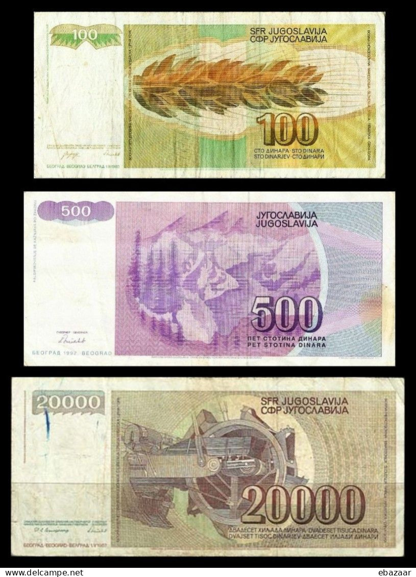 Yugoslavia Banknotes 100, 500 & 20000 Dinara Circulated + FREE GIFT - Yugoslavia