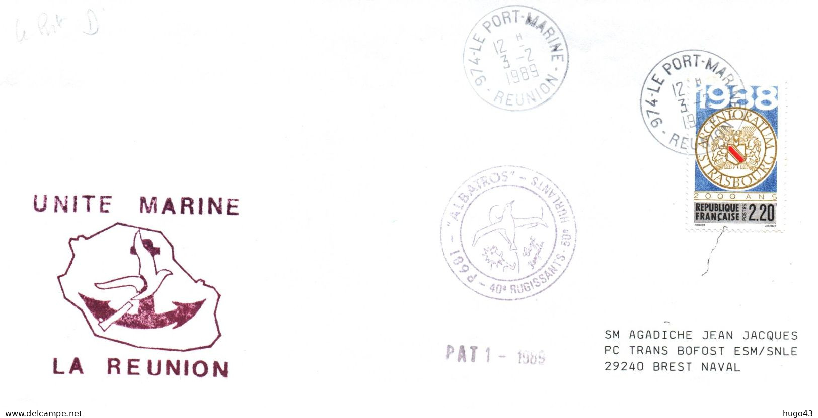 ENVELOPPE  AVEC CACHET ALBATROS P681 - 40e RUGISSANTS - UNITE MARINE LA REUNION LE 03/2/1989 - Scheepspost