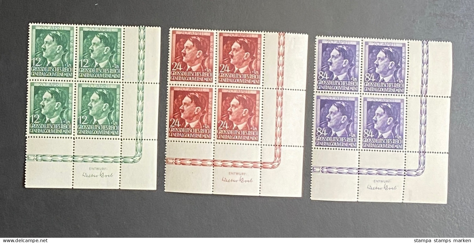 Dt. Reich 1944 Generalgouvernement Mi. 117 - 119 Bogenecke Viererblock Postfrisch/** MNH - Besetzungen 1938-45