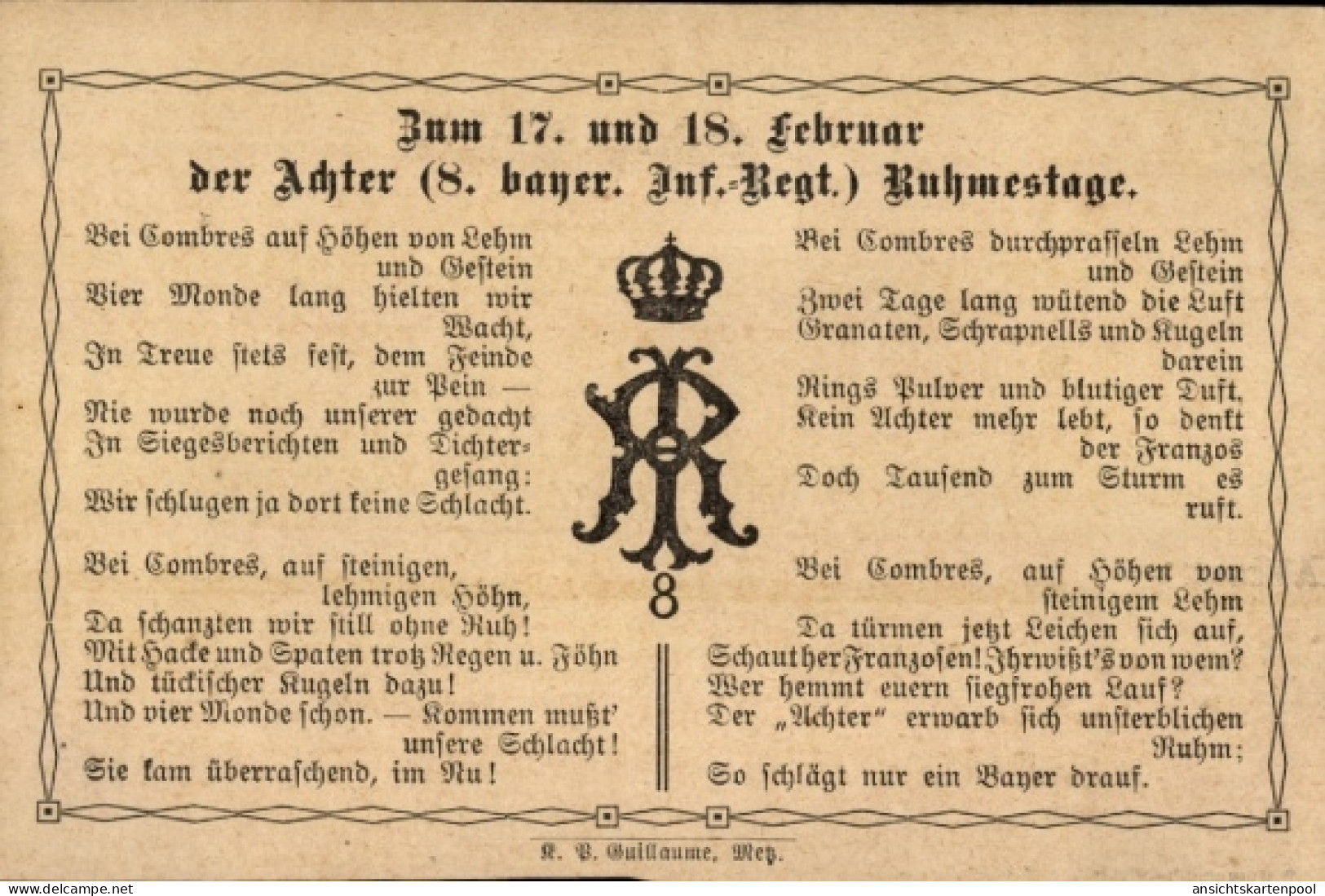 CPA Ruhmestag, 8. Bayer. Infanterie-Regiment, Gedicht, Bei Combres Auf Höhen Von Lehm... - Sonstige & Ohne Zuordnung