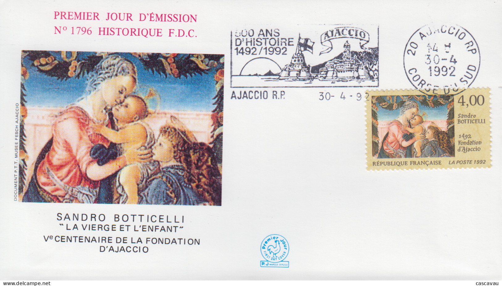 Enveloppe  FDC  Flamme  1er  Jour    FRANCE   Sandro   BOTTICELLI   500  Ans  D' Histoire   AJACCIO   1992 - 1990-1999