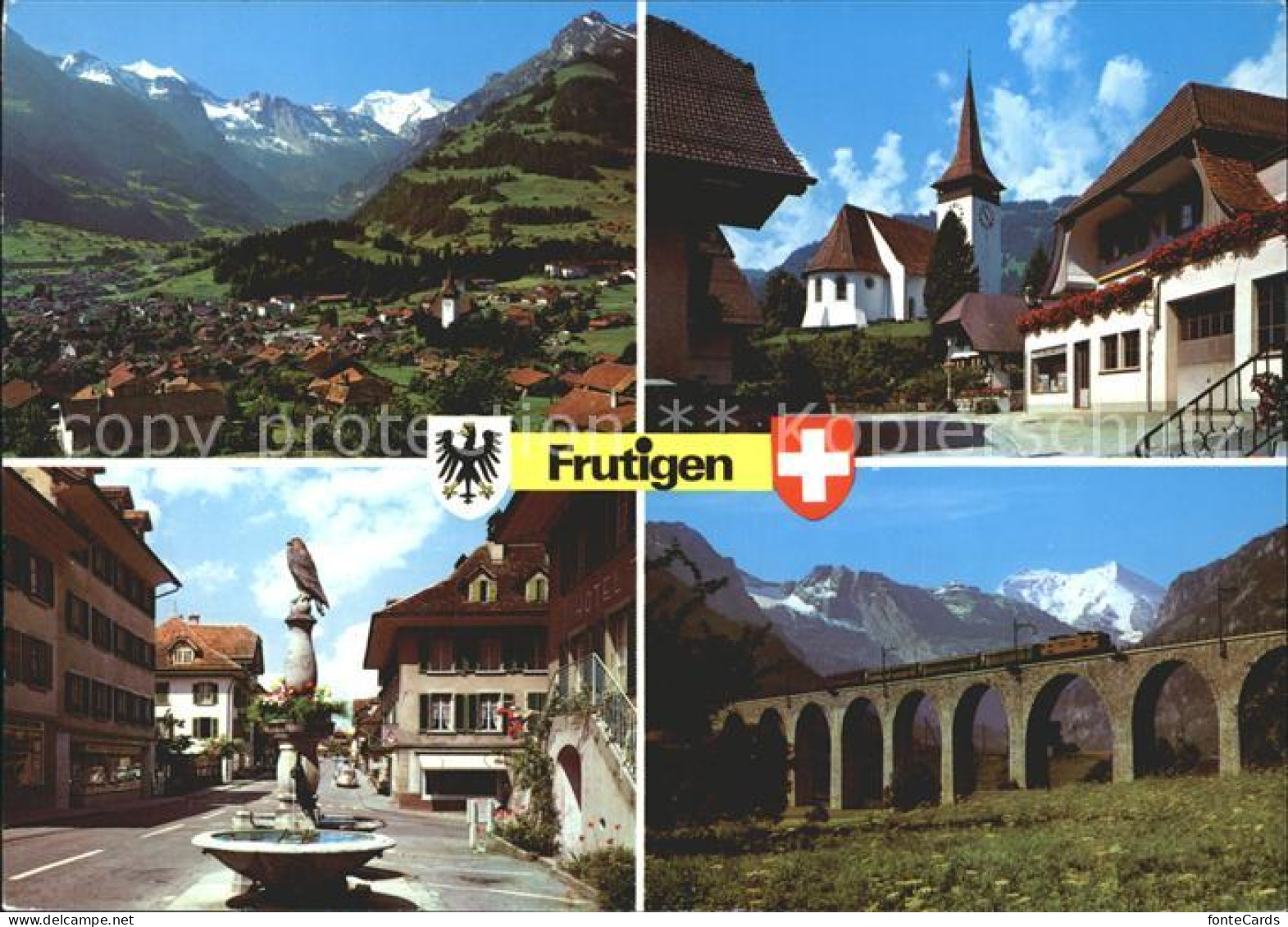 12273136 Frutigen BE Adler- Dorfbrunnen Kirche Blumenpracht Kanderviadukt BLS-Li - Sonstige & Ohne Zuordnung