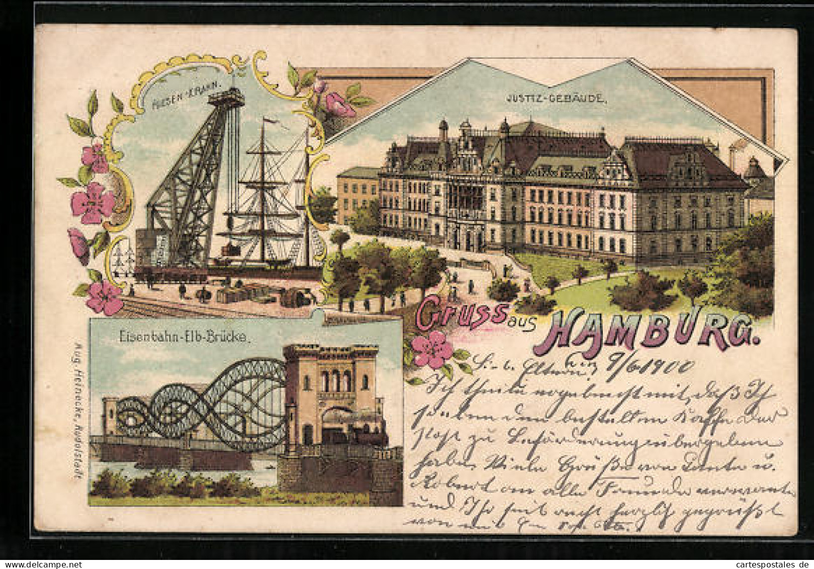 Lithographie Hamburg-Neustadt, Riesen-Krahn, Justizgebäude, Elb-Brücke  - Mitte