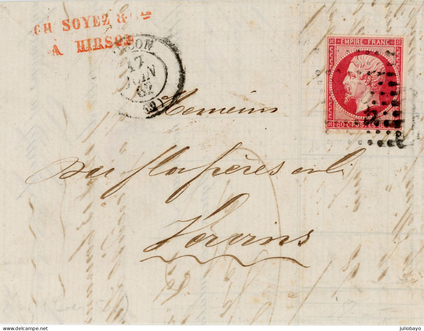 17 Juin 1862 N°17B Rose Vif  Sur Lettre De Hirson Vers Vervins - 1849-1876: Classic Period