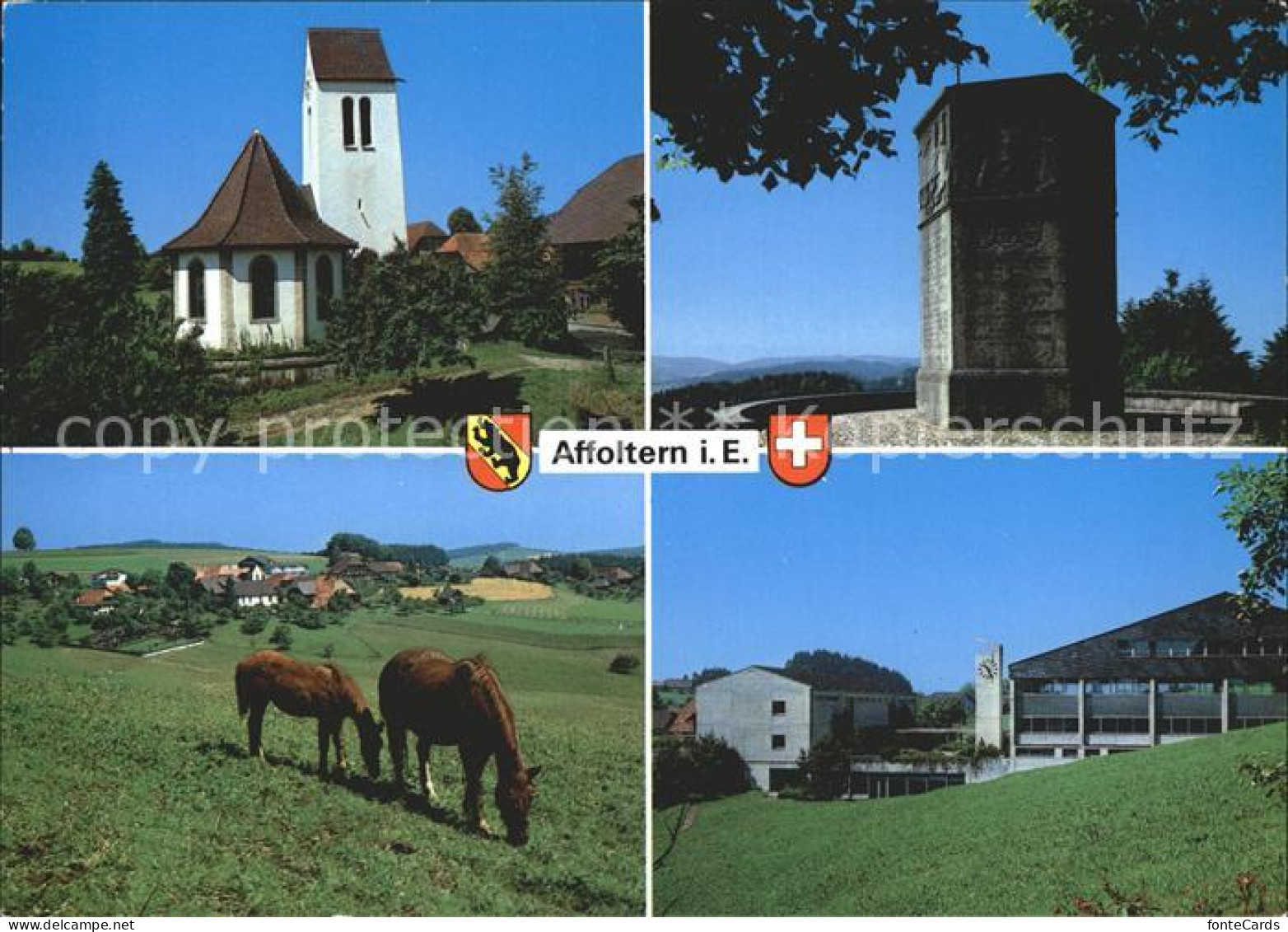 12222616 Affoltern Emmental Dorfkirche Denkmal Auf Lueg Dorf Schulhaus Pferde Af - Autres & Non Classés