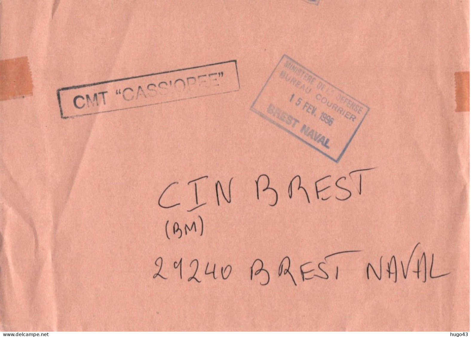 ENVELOPPE  AVEC CACHET CMT CASSIOPEE LE 15/02/1996 BREST NAVAL - Seepost