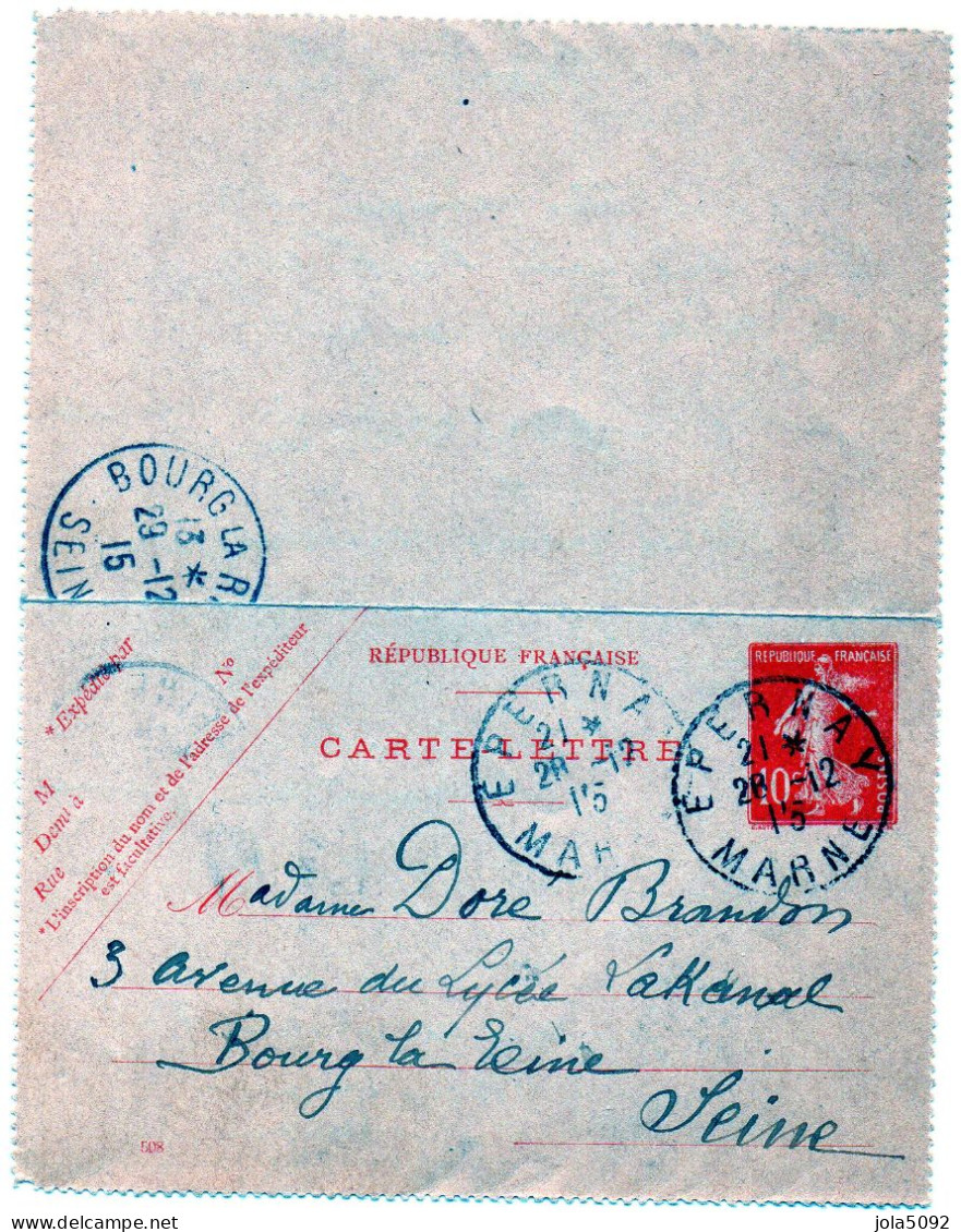 1915 - Carte Lettre Semeuse 10c Rouge - Epernay / Marne - Kartenbriefe