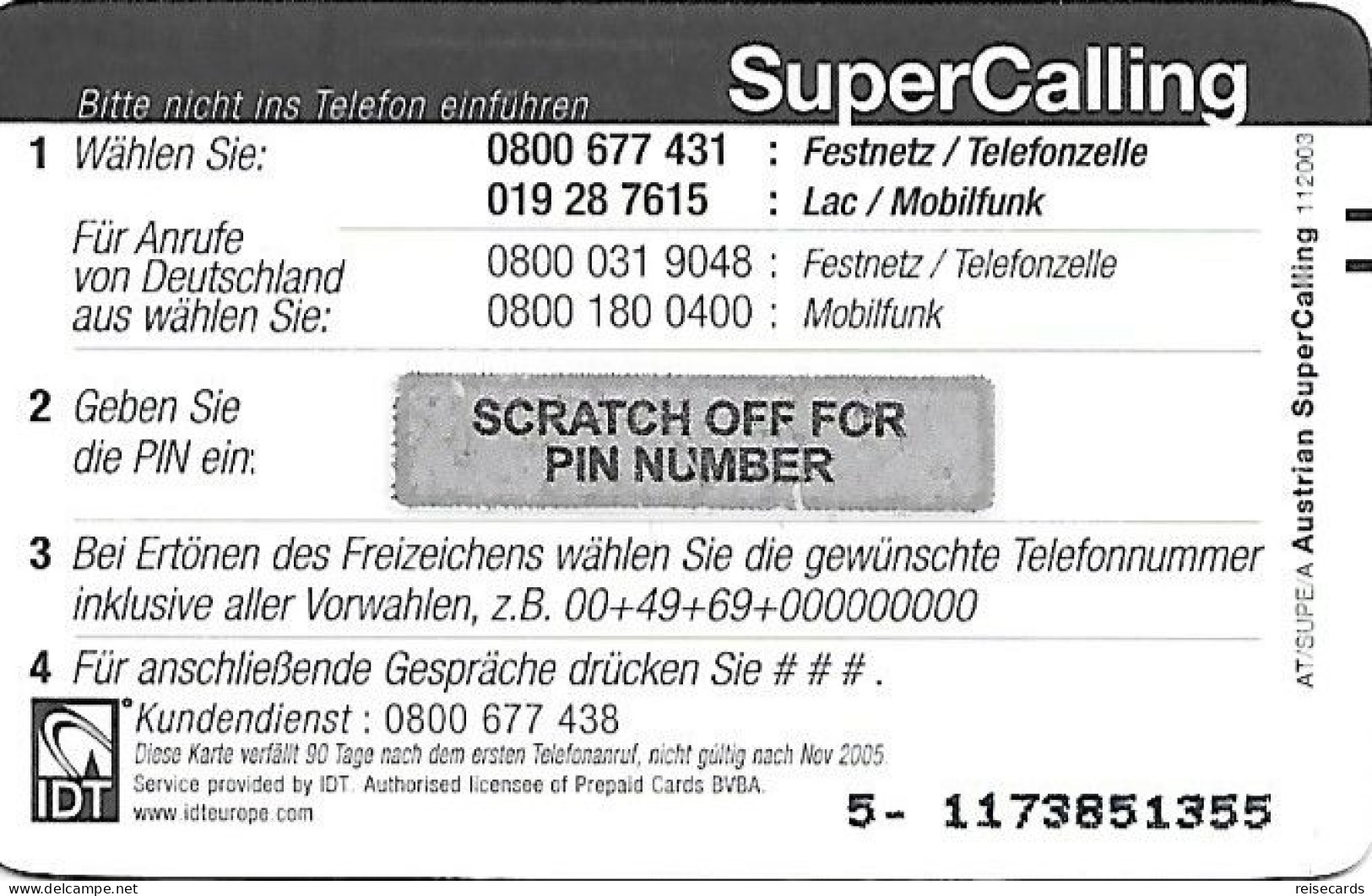 Austria: Prepaid IDT - Super Calling - Oostenrijk