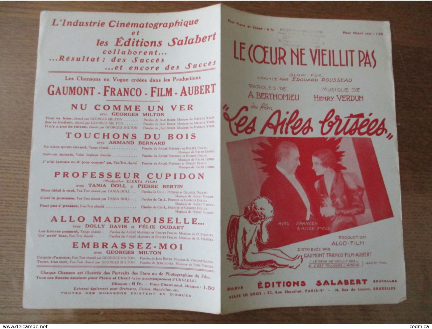 LE COEUR NE VIEILLIT PAS  PAROLES DE A.BARTHOMIEU MUSIQUE DE HENRY VERDUN - Partitions Musicales Anciennes