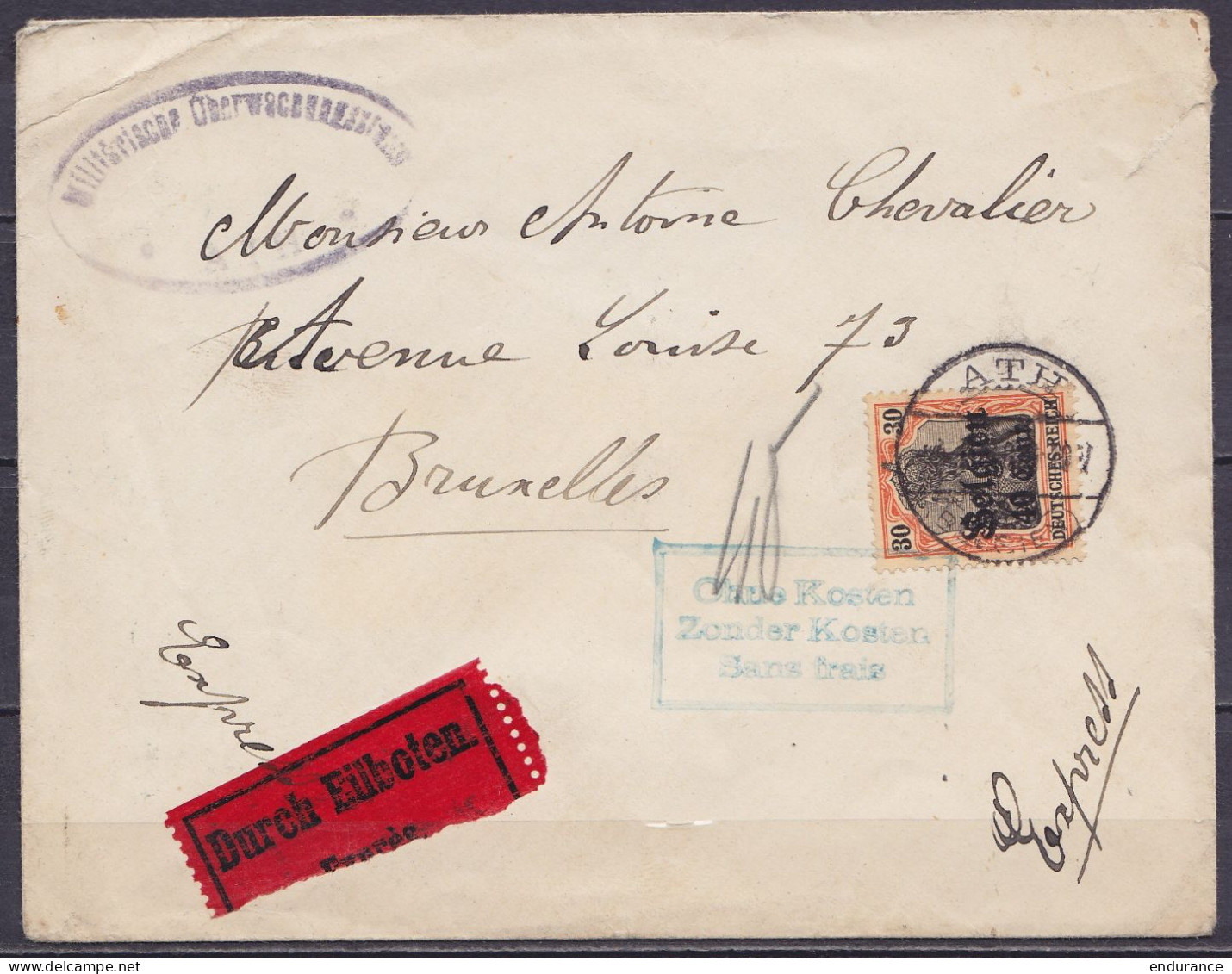 Env. En Exprès Affr. OC19 Càpt ATH /?.2.1918 Pour BRUXELLES - Rare Cachet Tril. [Ohne Kosten / Zonder Kosten / Sans Frai - OC1/25 Gobierno General