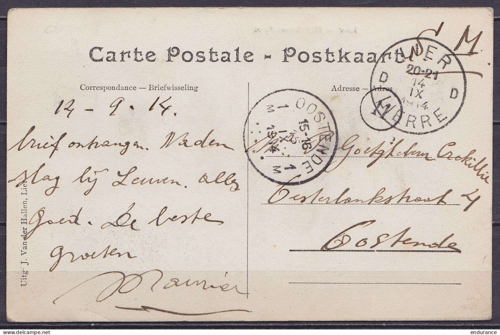 CP Lier En Franchise S.M. Càd LIER /14 IX 1914 (début De Guerre) Pour OOSTENDE - Càd Arrivée OOSTENDE - Belgisch Leger