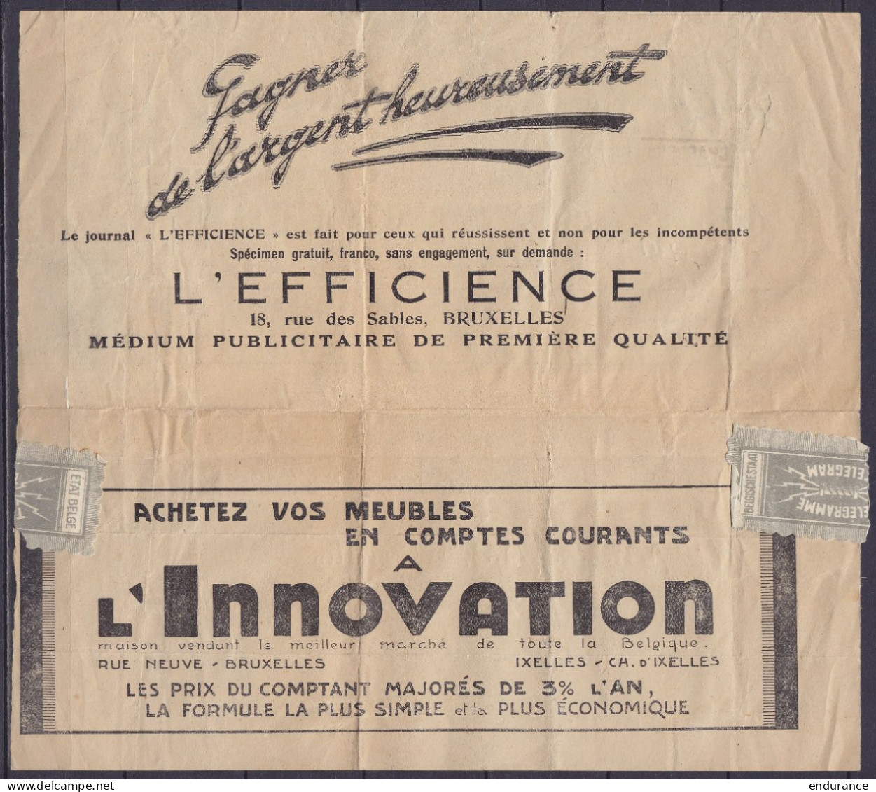 Télégramme Pub. "Journal L'Efficience / Meubles Innovation" Dépose à ATHENES Grèce Pour MARCINELLE - Càd CdF [CHARLEROI  - Telegrams