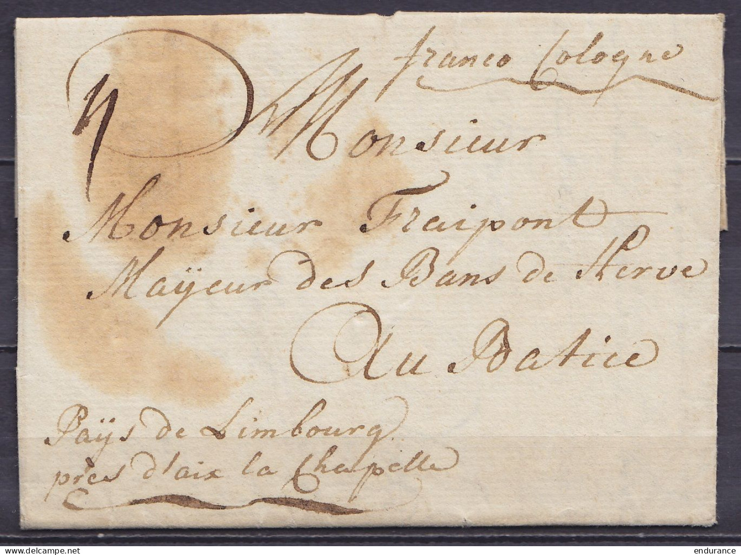 L. Datée 29 Mars 1780 De FRANCFORT Pour Monsieur Fraipont Des Bans De HERVE à BATICE "Pays De Limbourg Près D'Aix La Cha - 1714-1794 (Pays-Bas Autrichiens)