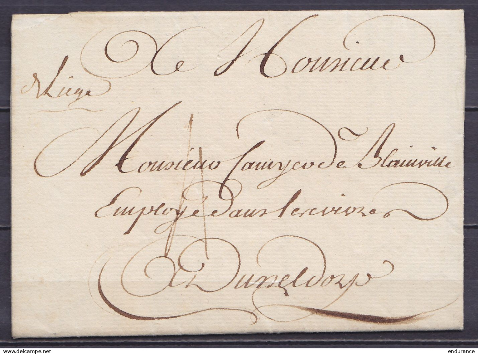 L. Datée 1e Mai 1758 De LIEGE Pour DUSSELDORF - Marque Man. "de Liège" - Port "4" - 1714-1794 (Paesi Bassi Austriaci)