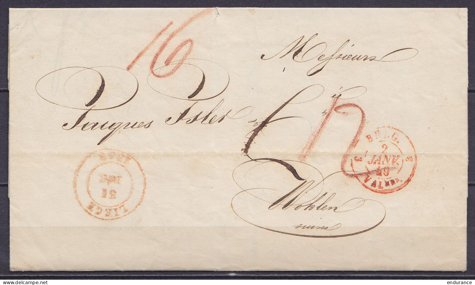 L. "Administration De L'Exploitation Généarle Des Messageries" Càd LIEGE /31 DEC 1848 Pour WOHLEN Suisse - Càd Bureau D' - 1830-1849 (Belgique Indépendante)